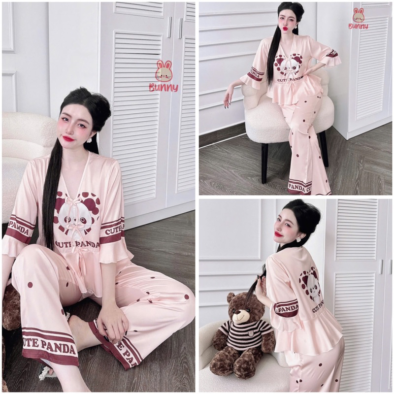 SP_226 Đồ bộ pijama BOLOBALA nữ mặc nhà quần dài áo tay lỡ phom peplum đính 3 nơ chất lụa latin hoạ tiết siêu xinh