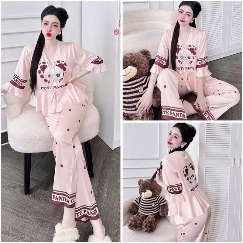 SP_226 Đồ bộ pijama BOLOBALA nữ mặc nhà quần dài áo tay lỡ phom peplum đính 3 nơ chất lụa latin hoạ tiết siêu xinh