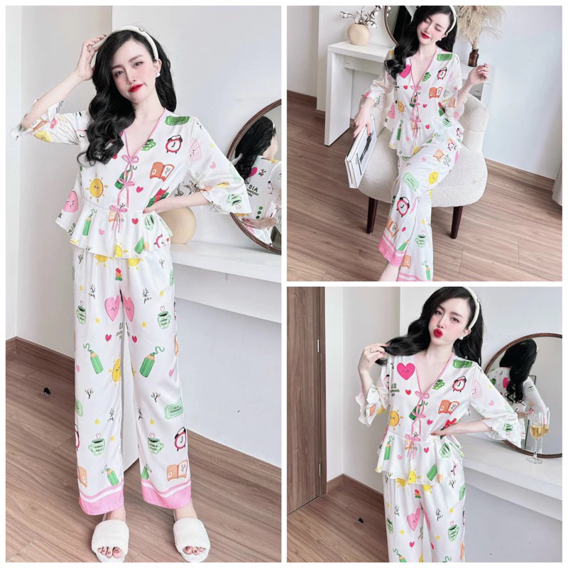 SP_226 Đồ bộ pijama BOLOBALA nữ mặc nhà quần dài áo tay lỡ phom peplum đính 3 nơ chất lụa latin hoạ tiết siêu xinh
