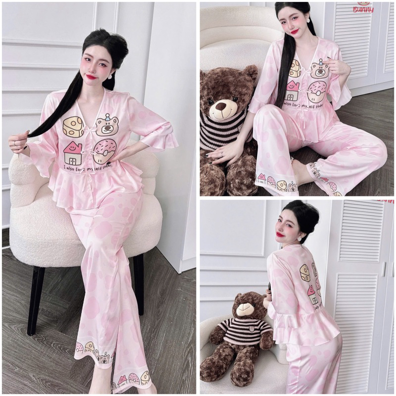 SP_226 Đồ bộ pijama BOLOBALA nữ mặc nhà quần dài áo tay lỡ phom peplum đính 3 nơ chất lụa latin hoạ tiết siêu xinh