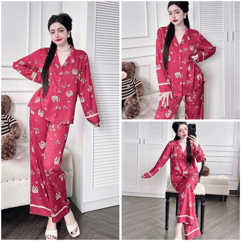 SP_227 Đồ bộ pijama BOLOBALA nữ mặc nhà quần dài áo tay dài phom truyền thống chất lụa vân ẩn cao cấp