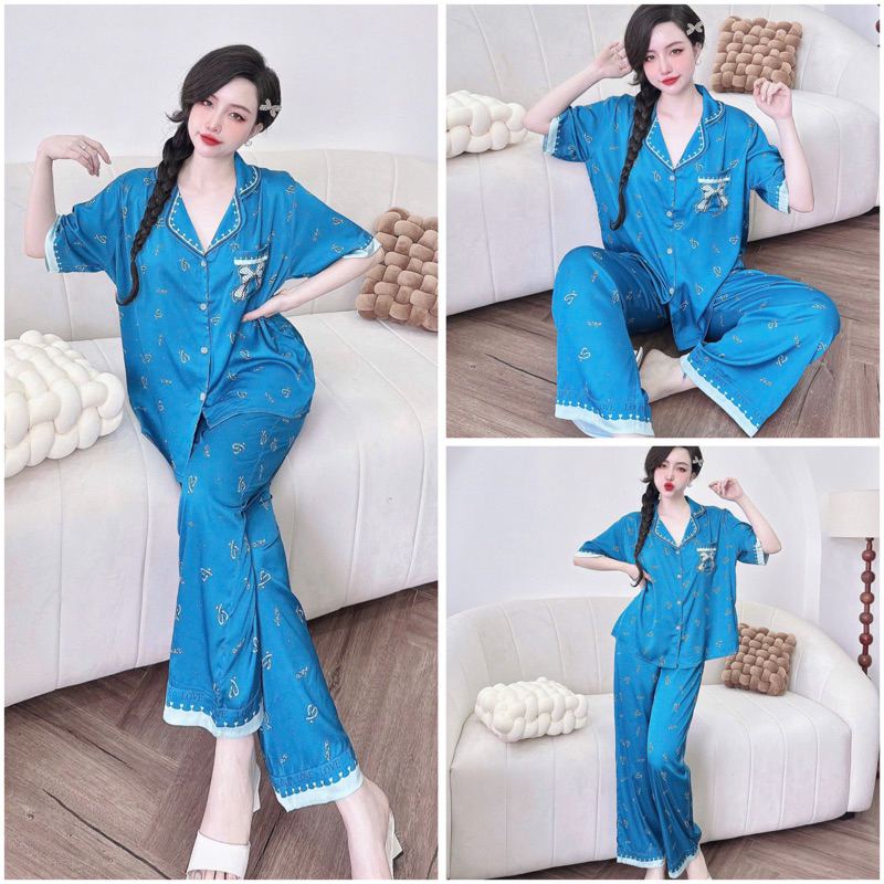Bộ pijama nữ lụa latin Bolobala, đồ bộ mặc nhà lụa quần dài áo tay ngắn SP_231 hoạ tiết trái tim dễ thương