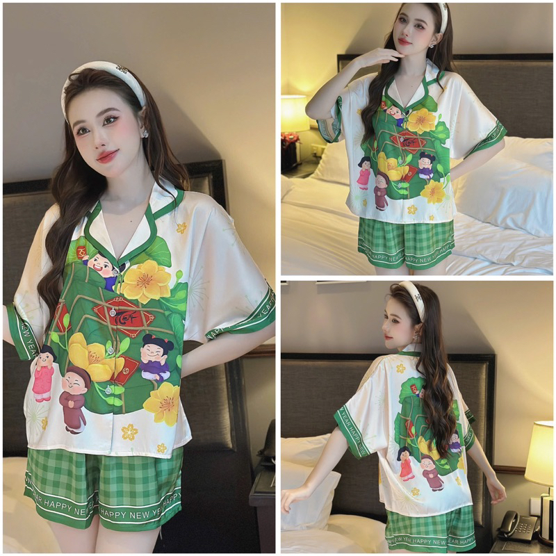Bộ pijama nữ lụa latin Bolobala, đồ bộ mặc nhà lụa quần đùi áo tay ngắn cánh dơi SP_235 hoạ tiết TẾT Ất Tỵ rực rỡ