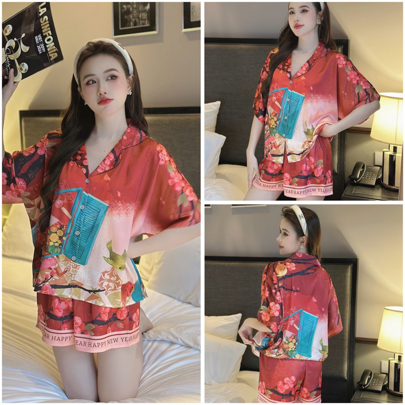 Bộ pijama nữ lụa latin Bolobala, đồ bộ mặc nhà lụa quần đùi áo tay ngắn cánh dơi SP_235 hoạ tiết TẾT Ất Tỵ rực rỡ