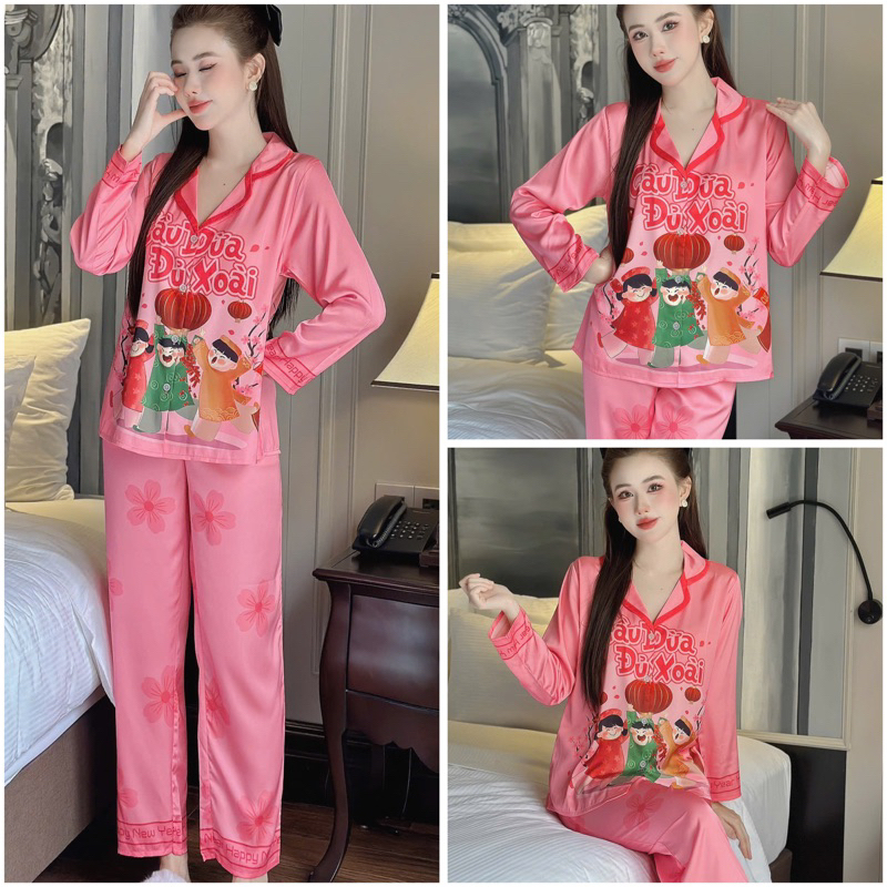 Bộ pijama nữ lụa latin Bolobala, đồ bộ mặc nhà lụa quần dài áo tay dài SP_236 hoạ tiết XUÂN ẤT TỴ 2025