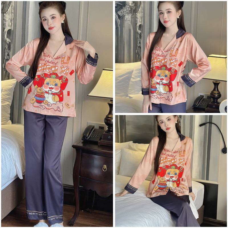 Bộ pijama nữ lụa latin Bolobala, đồ bộ mặc nhà lụa quần dài áo tay dài SP_236 hoạ tiết XUÂN ẤT TỴ 2025