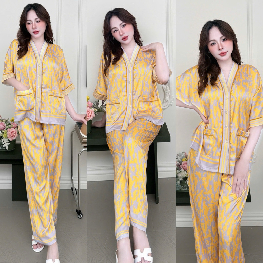 Đồ bộ pijama BOLOBALA mặc nhà SP_257 hoạ tiết beo vàng chất lụa latin cực sang xịn mịn