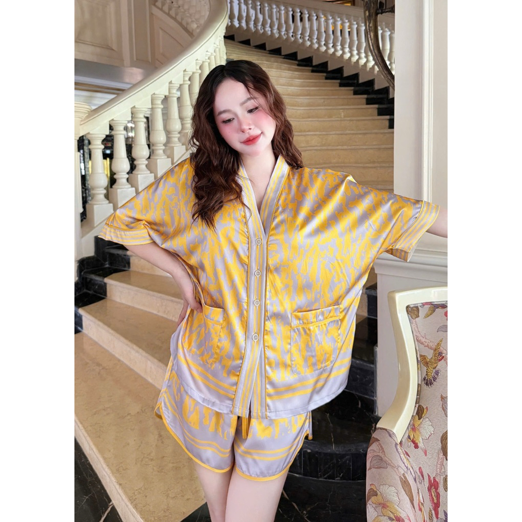 Đồ bộ pijama BOLOBALA mặc nhà SP_257 hoạ tiết beo vàng chất lụa latin cực sang xịn mịn