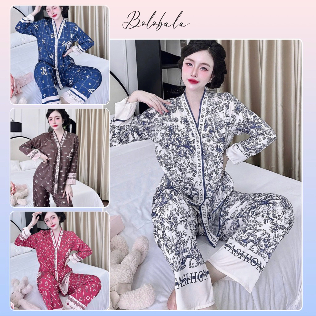 Đồ bộ pijama BOLOBALA mặc nhà SP_259 quần dài áo tay dài chất lụa latin thiết kết cổ Y sang trọng