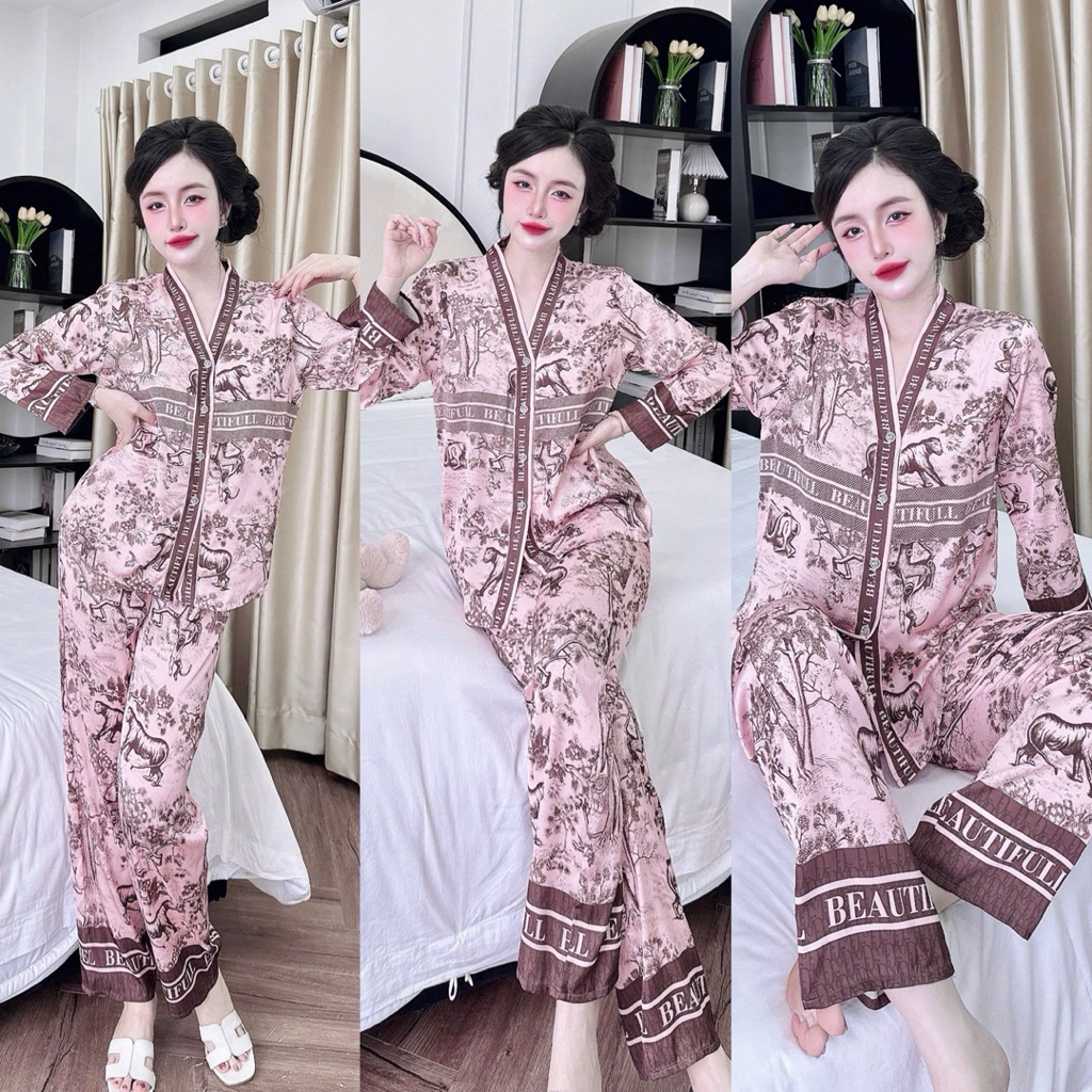 Đồ bộ pijama BOLOBALA mặc nhà SP_259 quần dài áo tay dài chất lụa latin thiết kết cổ Y sang trọng
