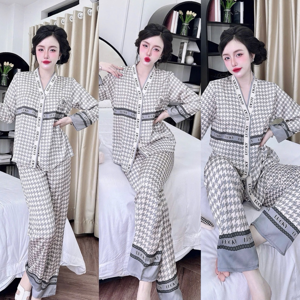 Đồ bộ pijama BOLOBALA mặc nhà SP_259 quần dài áo tay dài chất lụa latin thiết kết cổ Y sang trọng