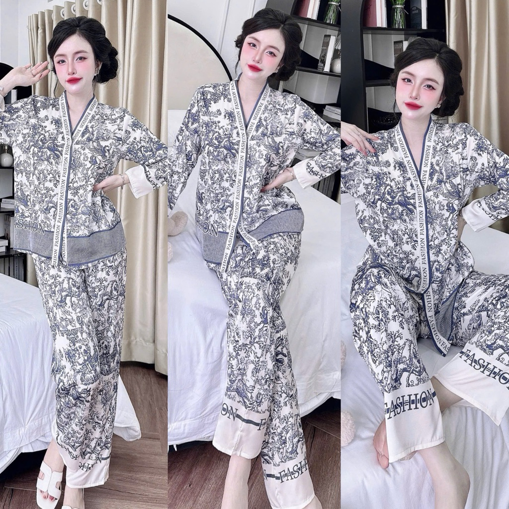 Đồ bộ pijama BOLOBALA mặc nhà SP_259 quần dài áo tay dài chất lụa latin thiết kết cổ Y sang trọng