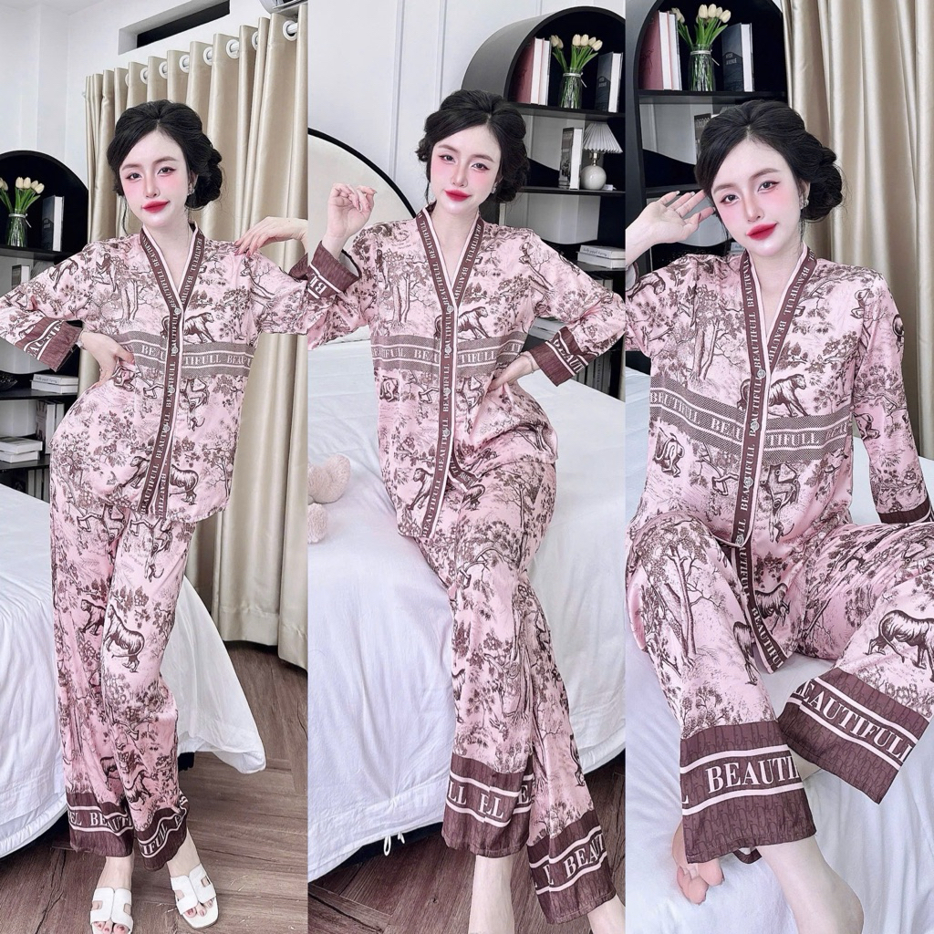 Đồ bộ pijama BOLOBALA mặc nhà SP_259 quần dài áo tay dài chất lụa latin thiết kết cổ Y sang trọng