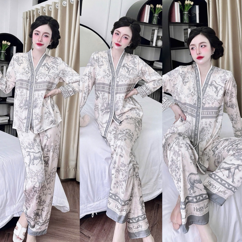 Đồ bộ pijama BOLOBALA mặc nhà SP_259 quần dài áo tay dài chất lụa latin thiết kết cổ Y sang trọng