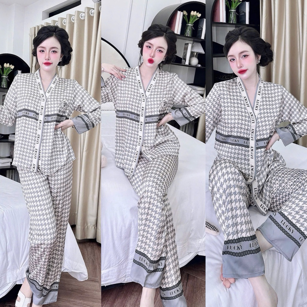 Đồ bộ pijama BOLOBALA mặc nhà SP_259 quần dài áo tay dài chất lụa latin thiết kết cổ Y sang trọng