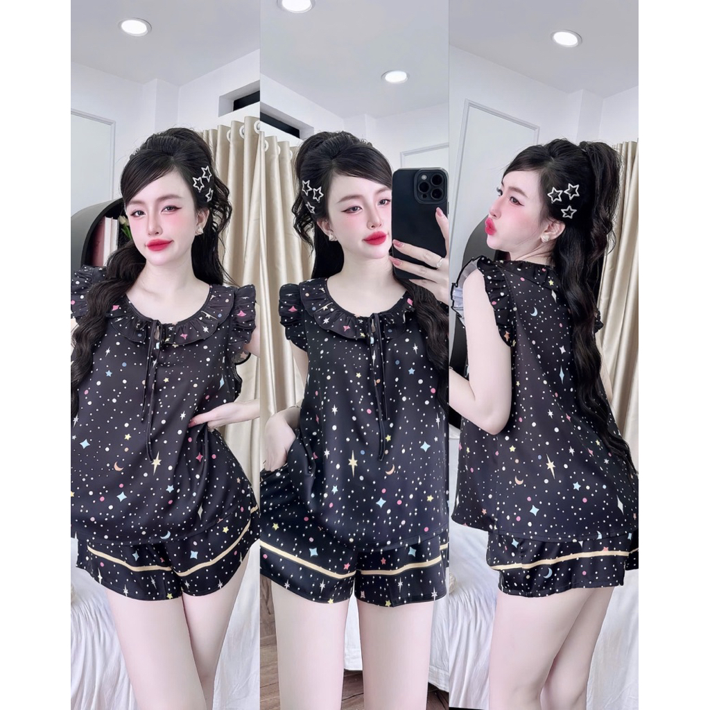 Đồ bộ nữ tiểu thư Bolobala mặc nhà lụa latin SP_260 quần đùi áo tay cánh tiên điệu đà, tay bo, cột nơ nữ tính