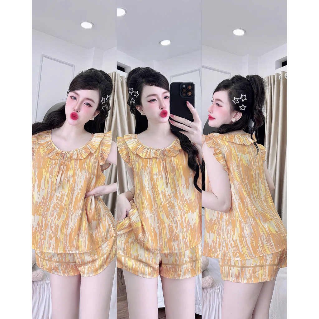 Đồ bộ nữ tiểu thư Bolobala mặc nhà lụa latin SP_260 quần đùi áo tay cánh tiên điệu đà, tay bo, cột nơ nữ tính