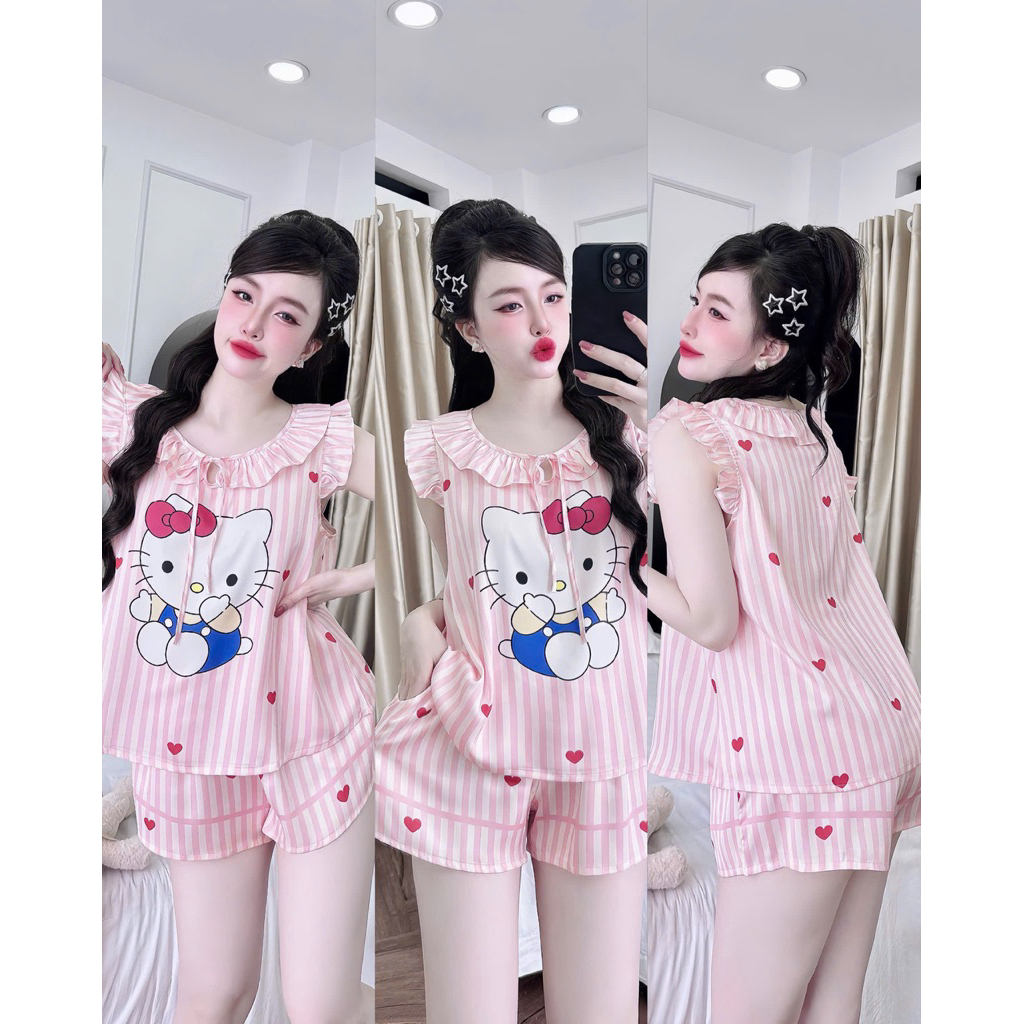 Đồ bộ nữ tiểu thư Bolobala mặc nhà lụa latin SP_260 quần đùi áo tay cánh tiên điệu đà, tay bo, cột nơ nữ tính