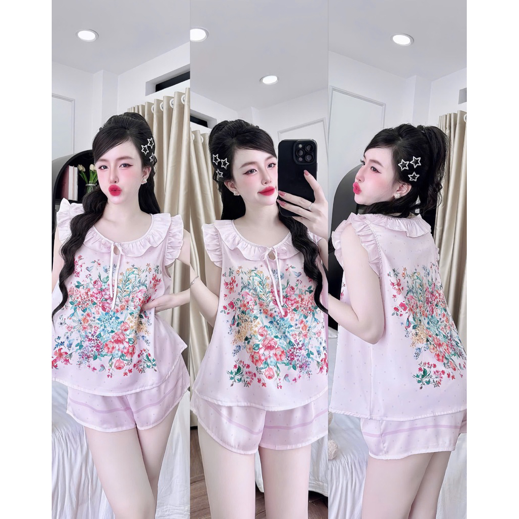 Đồ bộ nữ tiểu thư Bolobala mặc nhà lụa latin SP_260 quần đùi áo tay cánh tiên điệu đà, tay bo, cột nơ nữ tính