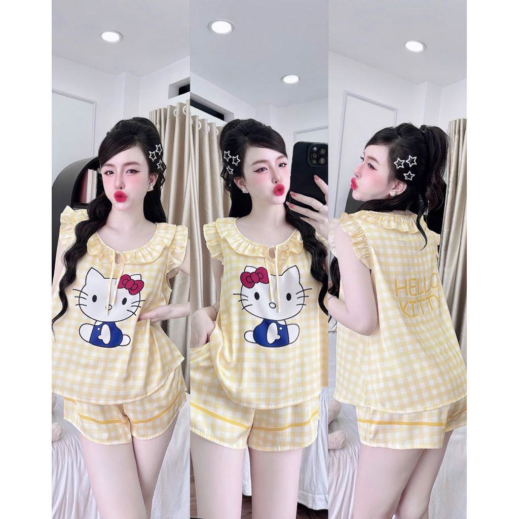 Đồ bộ nữ tiểu thư Bolobala mặc nhà lụa latin SP_260 quần đùi áo tay cánh tiên điệu đà, tay bo, cột nơ nữ tính