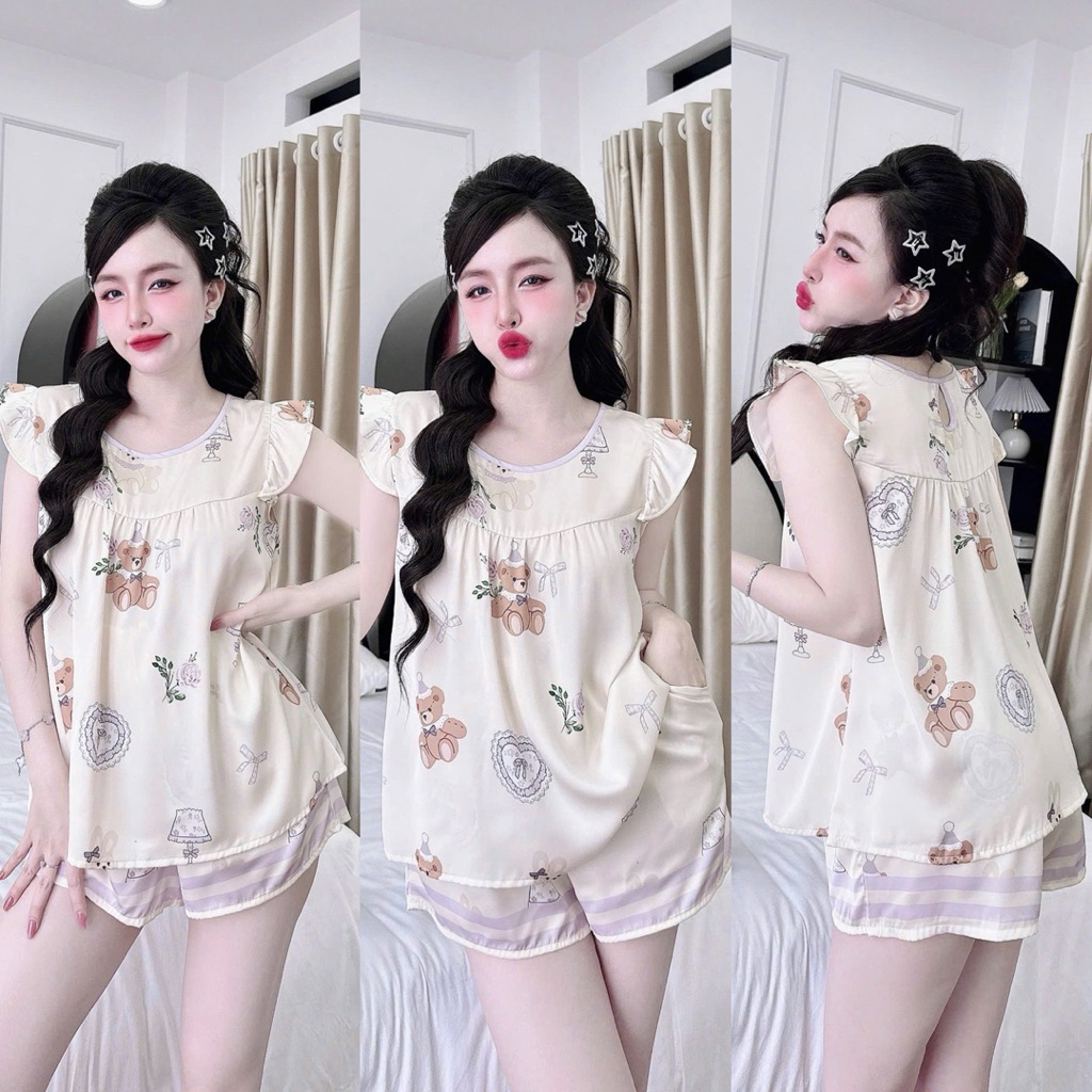 Đồ bộ pijama BOLOBALA cổ tròn nữ mặc nhà SP_261 quần đùi áo tay cánh tiên chất lụa latin cao cấp thiết kế dễ thương