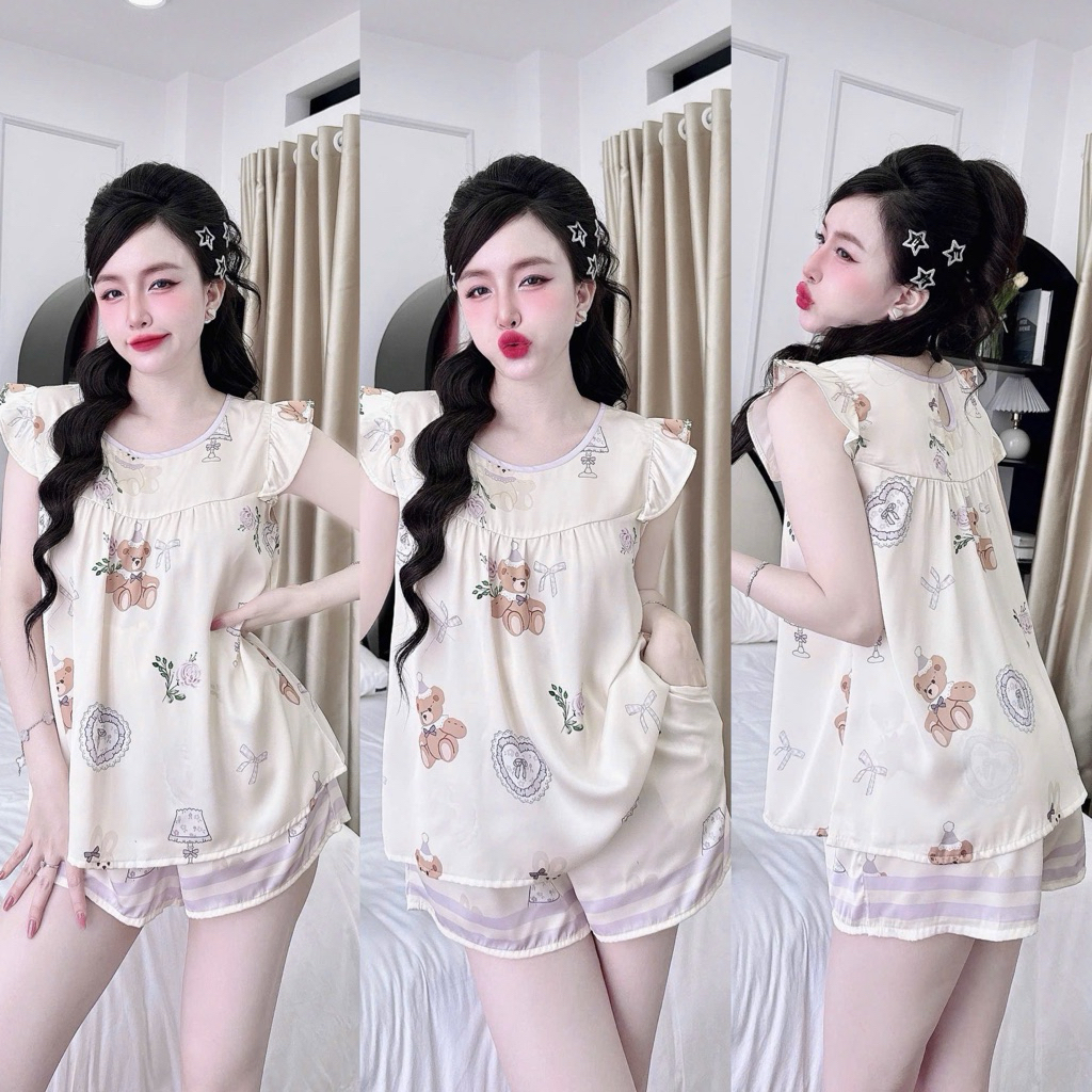 Đồ bộ pijama BOLOBALA cổ tròn nữ mặc nhà SP_261 quần đùi áo tay cánh tiên chất lụa latin cao cấp thiết kế dễ thương