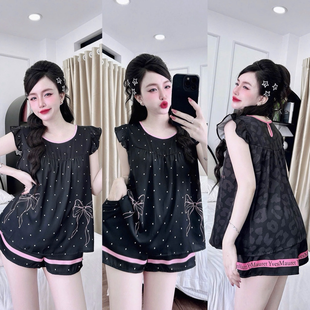 Đồ bộ pijama BOLOBALA cổ tròn nữ mặc nhà SP_261 quần đùi áo tay cánh tiên chất lụa latin cao cấp thiết kế dễ thương