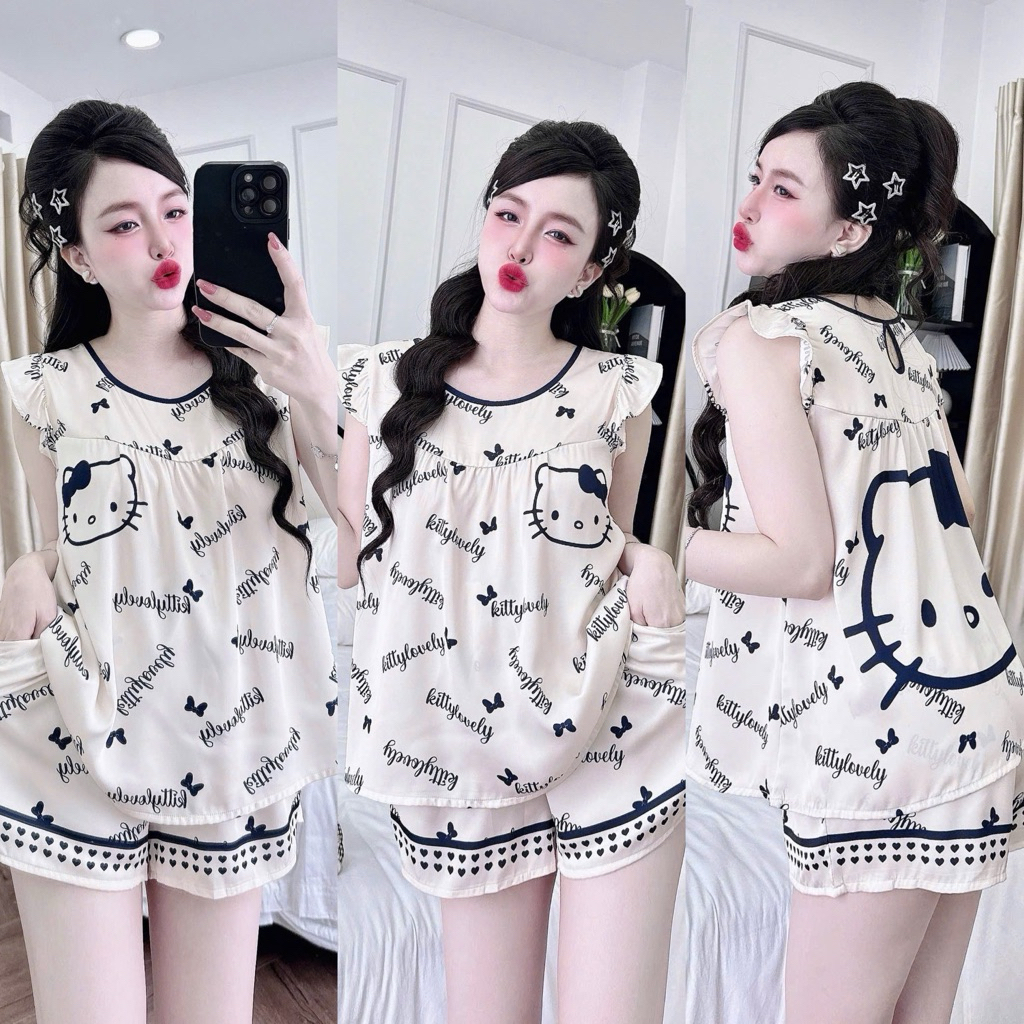 Đồ bộ pijama BOLOBALA cổ tròn nữ mặc nhà SP_261 quần đùi áo tay cánh tiên chất lụa latin cao cấp thiết kế dễ thương