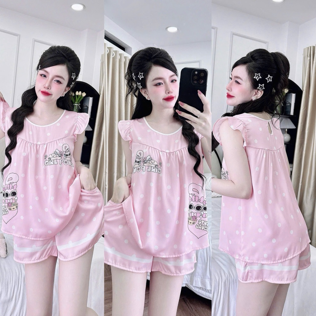 Đồ bộ pijama BOLOBALA cổ tròn nữ mặc nhà SP_261 quần đùi áo tay cánh tiên chất lụa latin cao cấp thiết kế dễ thương