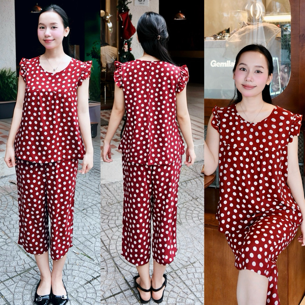Đồ bộ tole lanh BOLOBALA mặc nhà TL01 quần lỡ áo cổ tròn tay bèo cánh tiên thiết kết đơn giản, phù hợp mọi dáng người
