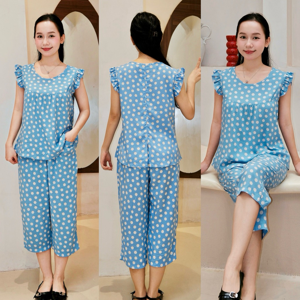 Đồ bộ tole lanh BOLOBALA mặc nhà TL01 quần lỡ áo cổ tròn tay bèo cánh tiên thiết kết đơn giản, phù hợp mọi dáng người