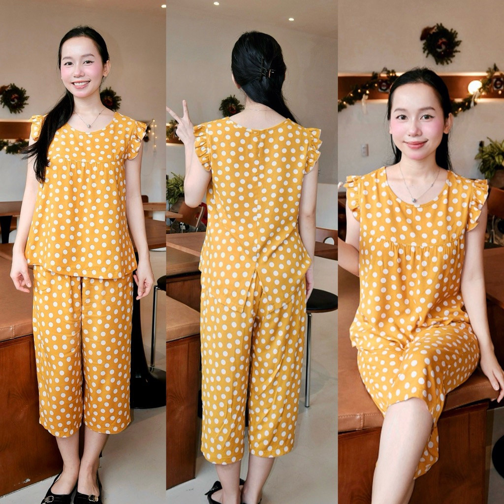 Đồ bộ tole lanh BOLOBALA mặc nhà TL01 quần lỡ áo cổ tròn tay bèo cánh tiên thiết kết đơn giản, phù hợp mọi dáng người