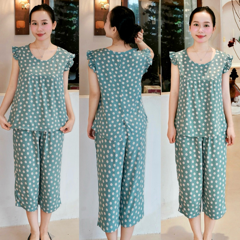 Đồ bộ tole lanh BOLOBALA mặc nhà TL01 quần lỡ áo cổ tròn tay bèo cánh tiên thiết kết đơn giản, phù hợp mọi dáng người
