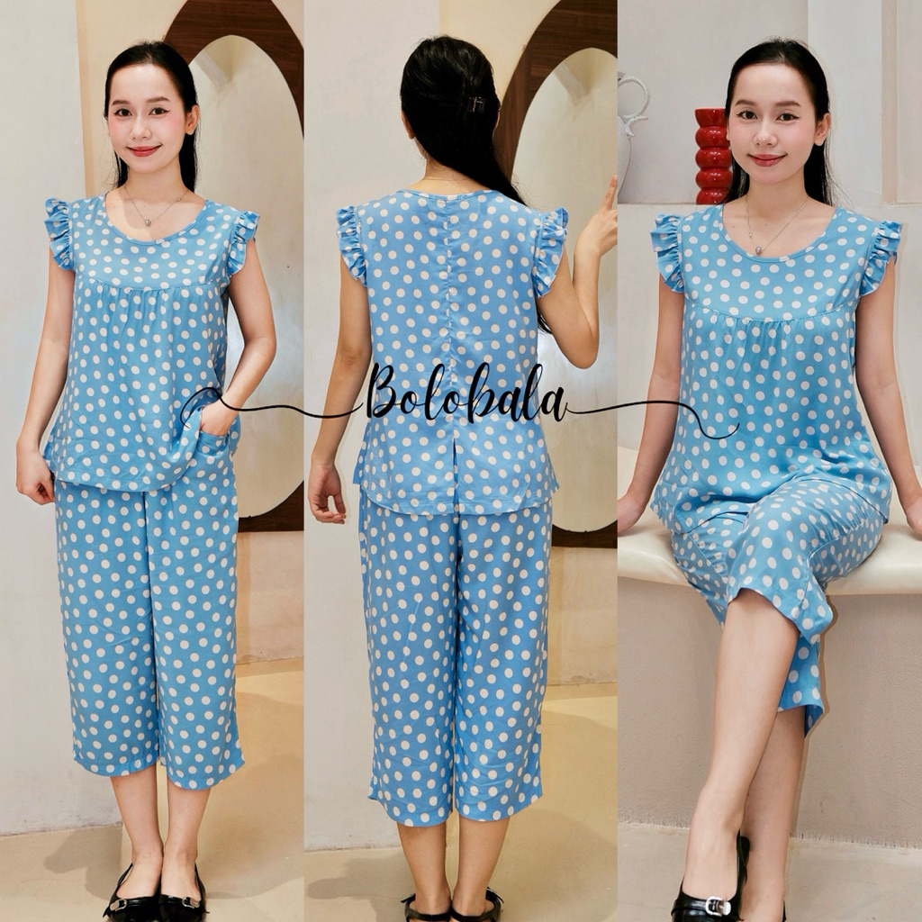 Đồ bộ tole lanh BOLOBALA mặc nhà TL01 quần lỡ áo cổ tròn tay bèo cánh tiên thiết kết đơn giản, phù hợp mọi dáng người