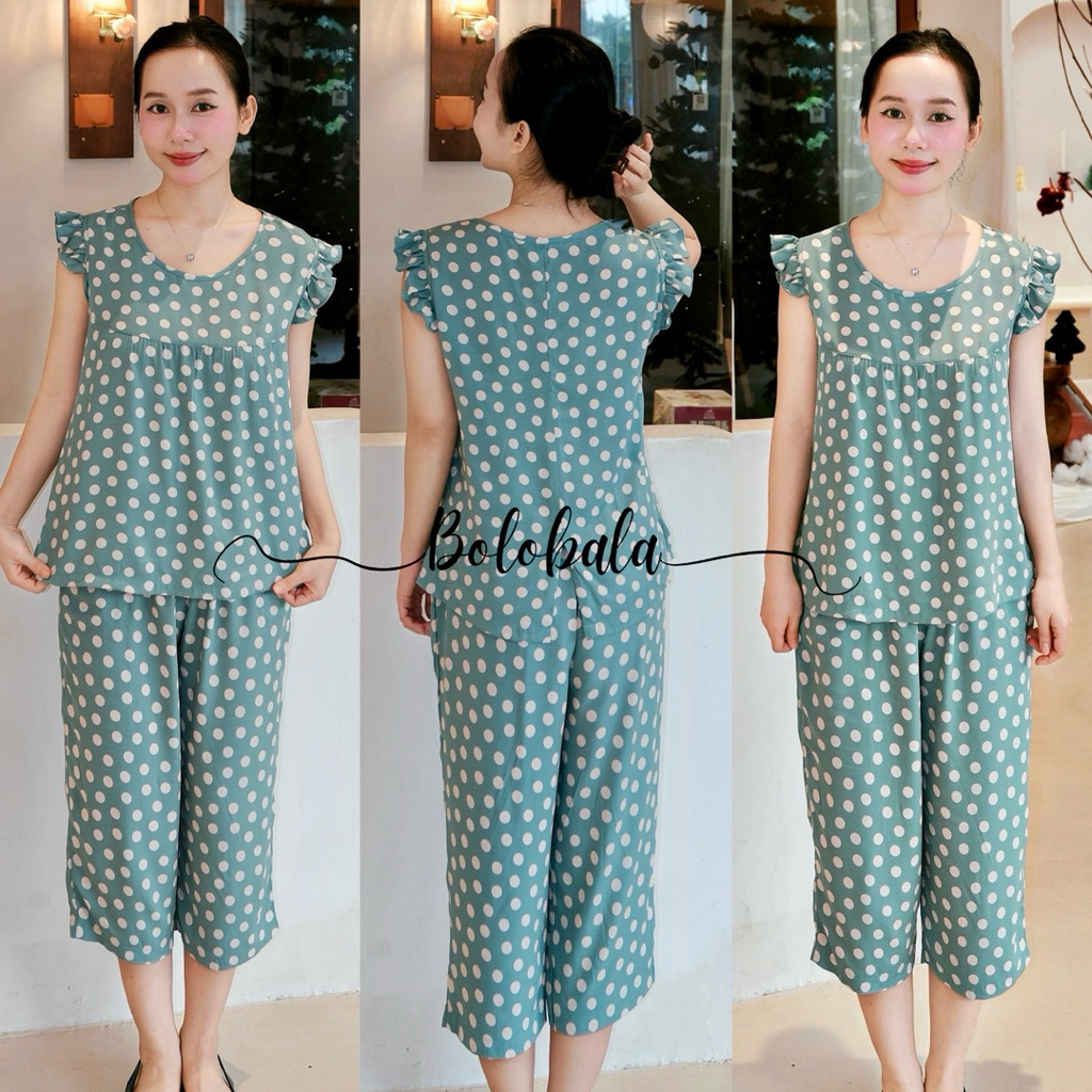 Đồ bộ tole lanh BOLOBALA mặc nhà TL01 quần lỡ áo cổ tròn tay bèo cánh tiên thiết kết đơn giản, phù hợp mọi dáng người