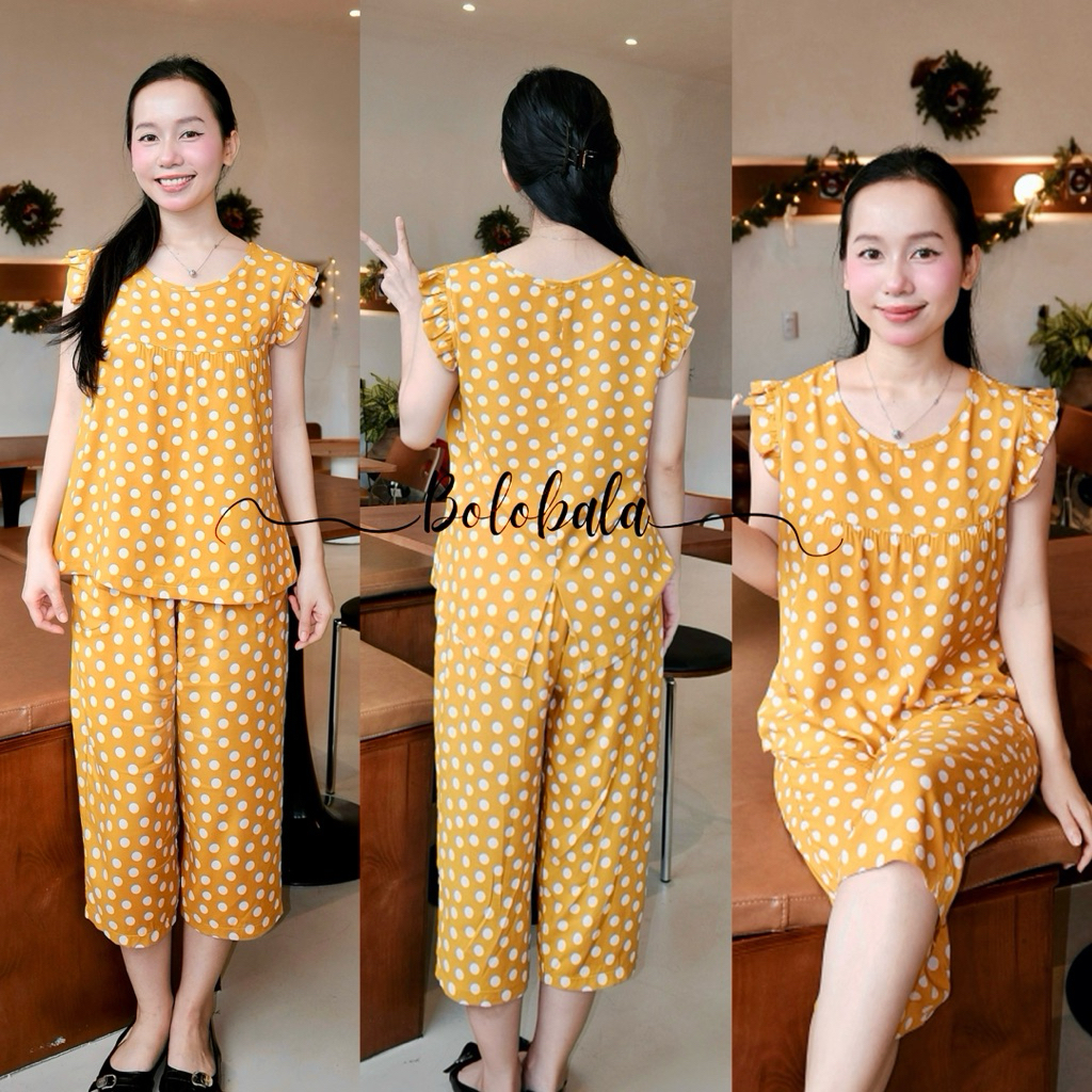 Đồ bộ tole lanh BOLOBALA mặc nhà TL01 quần lỡ áo cổ tròn tay bèo cánh tiên thiết kết đơn giản, phù hợp mọi dáng người