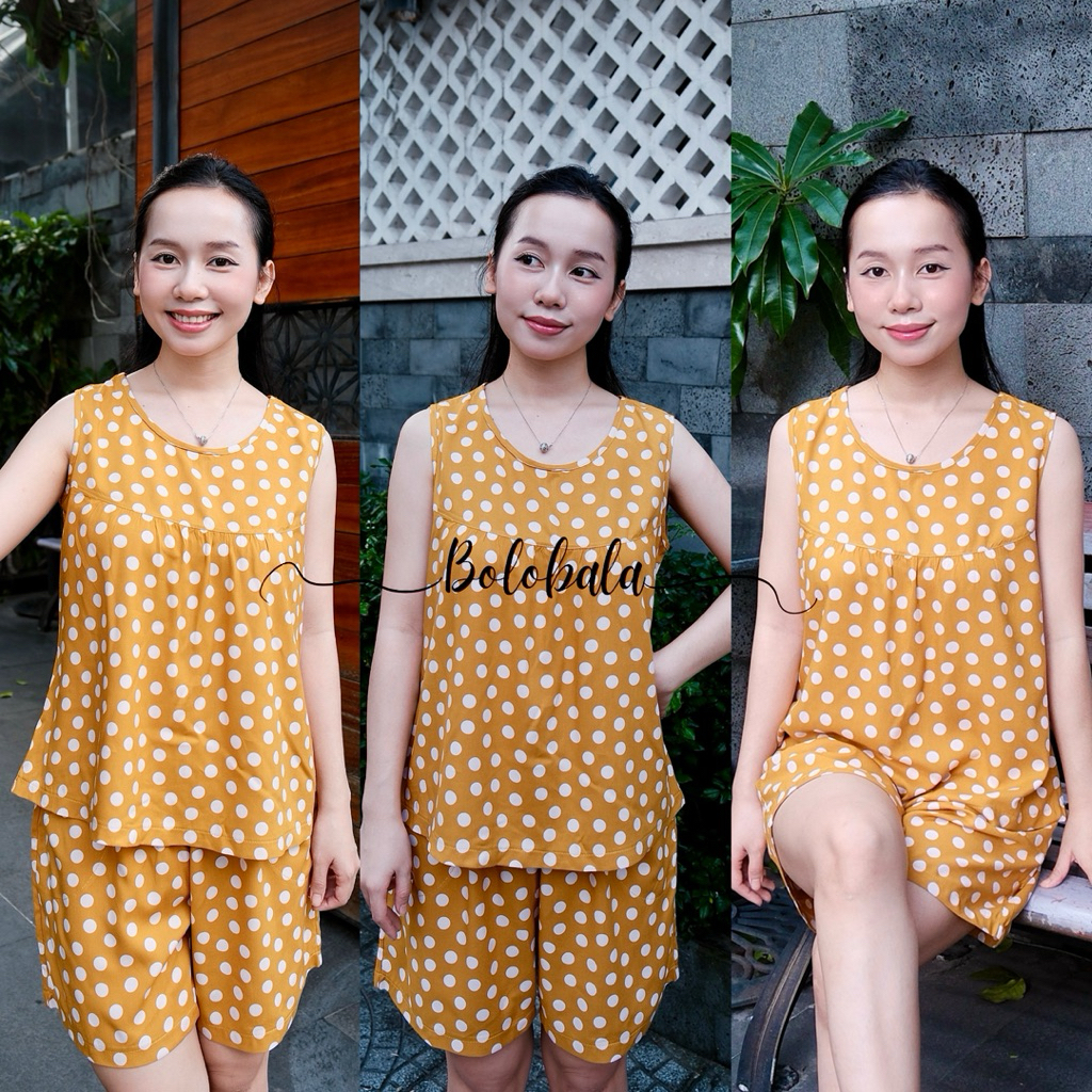 Đồ bộ tole lanh BOLOBALA mặc nhà TL02 quần đùi áo cổ tròn sát nách thiết kết đơn giản, mặc nhẹ tênh