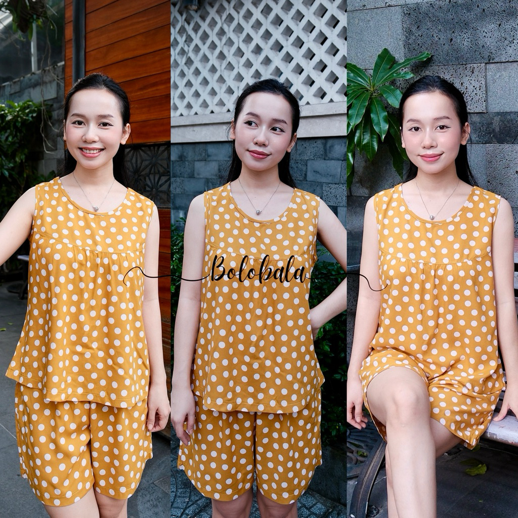 Đồ bộ tole lanh BOLOBALA mặc nhà TL02 quần đùi áo cổ tròn sát nách thiết kết đơn giản, mặc nhẹ tênh