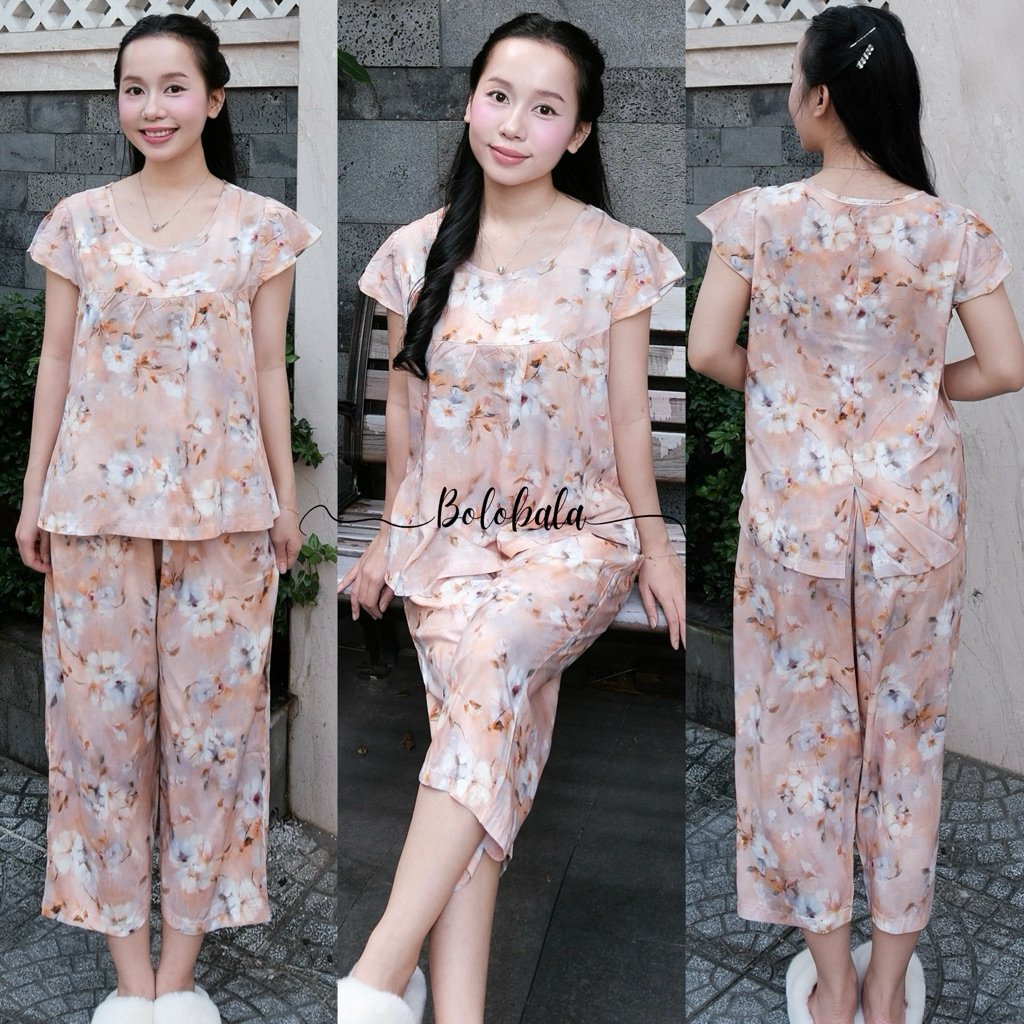 Đồ bộ tole lanh BOLOBALA mặc nhà TL03 quần lỡ áo cổ tròn cánh tiên mẫu quốc dân, hoạ tiết hoa siêu xinh