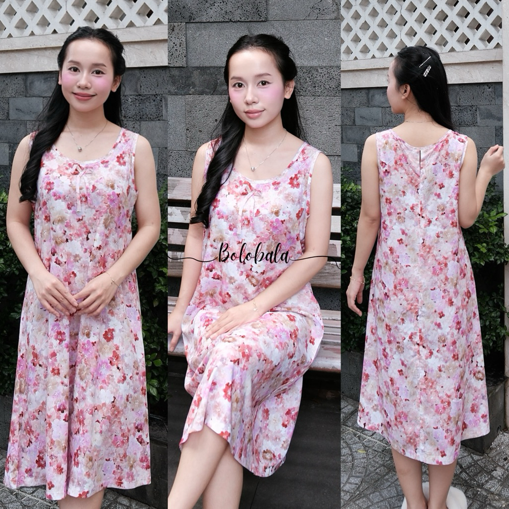 Đầm tole lanh BOLOBALA mặc nhà TL04 thiết kể cổ tròn sát nách chất liệu mát lạnh, tôn dáng siêu xinh