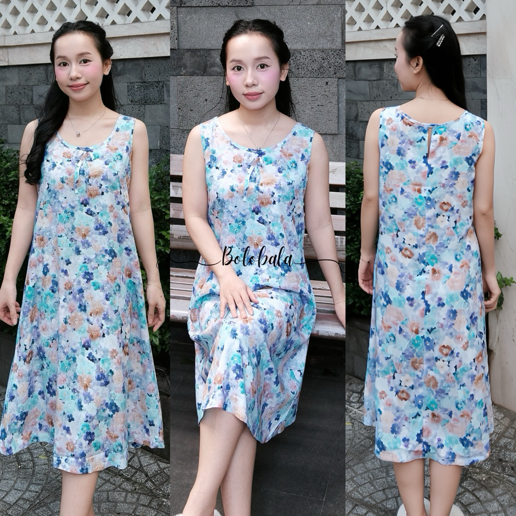 Đầm tole lanh BOLOBALA mặc nhà TL04 thiết kể cổ tròn sát nách chất liệu mát lạnh, tôn dáng siêu xinh