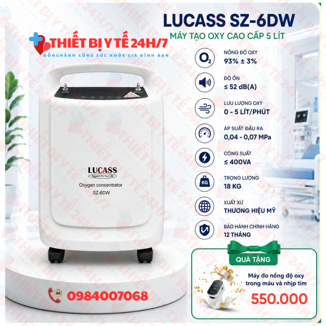 Máy tạo oxy 2 in 1 Lucass SZ-6DW + xông khí dung TẶNG KÈM MÁY ĐO SPO2