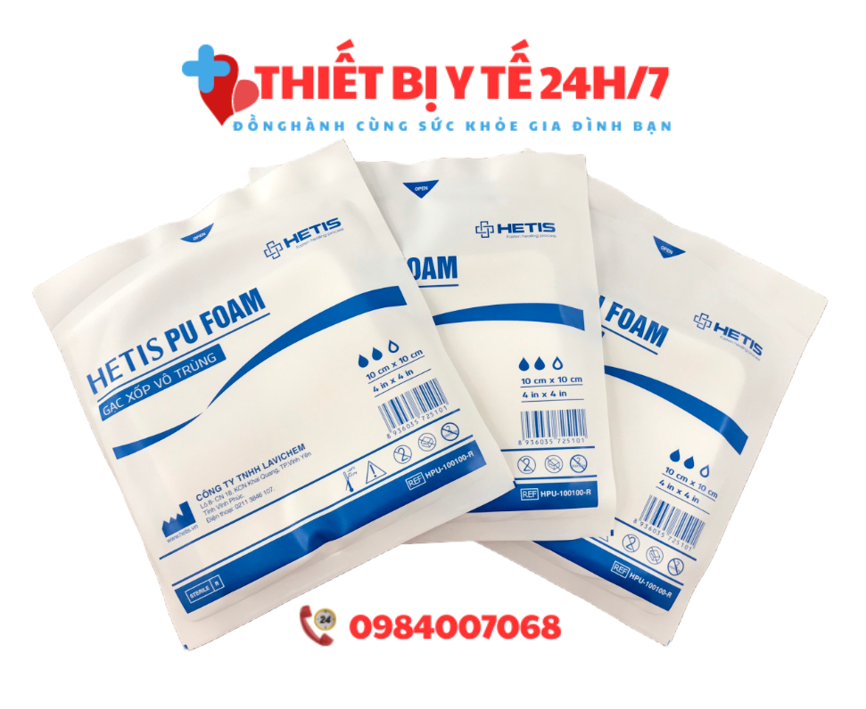 Gạc hút dịch chống loét vô trùng HETIS PU Foam 10x10cm - Vết loét tỳ đè, vết loét bỏng, vết thương hở nhiều dịch