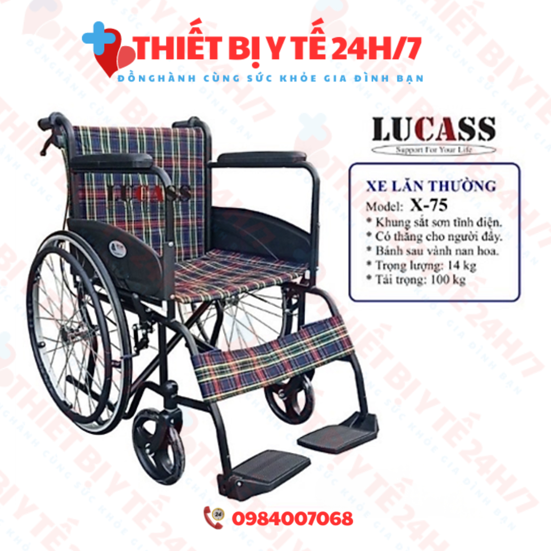 Xe lăn vải kẻ có phanh Lucass X75 mẫu mới nhất