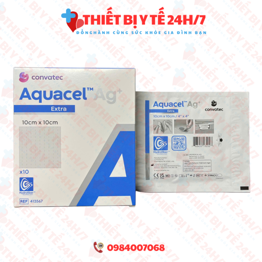 Băng gạc AQUACEL AG EXTRA (2x45cm, 10x10cm, ) - ion BẠC, dùng cho vết thương nhiễm trùng, bỏng, loét tì đè