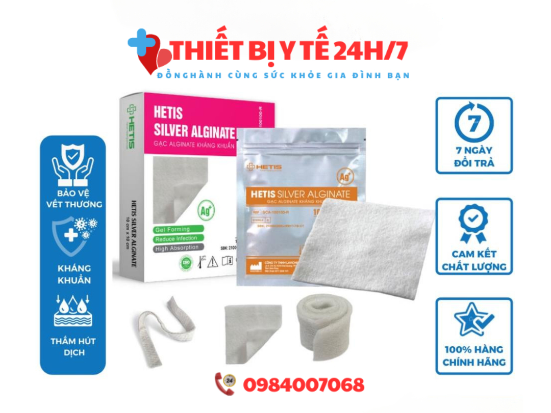 Gạc HETIS Alginate Silver kháng khuẩn - Thấm hút dịch, liền thương nhanh, chế sự phát triển của vi khuẩn