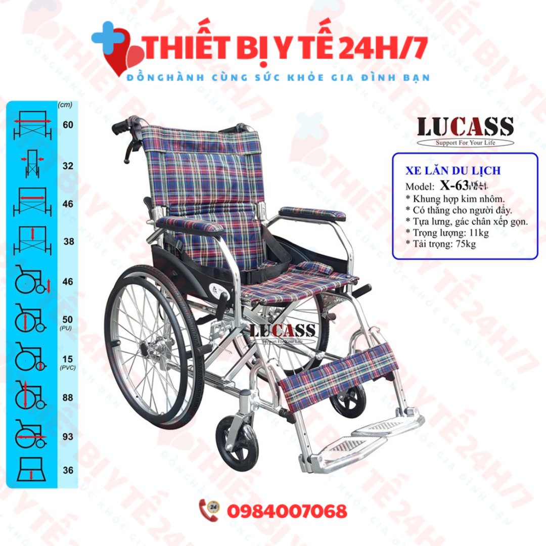Xe lăn du lịch Lucass X63 khung hợp kim nhôm siêu nhẹ