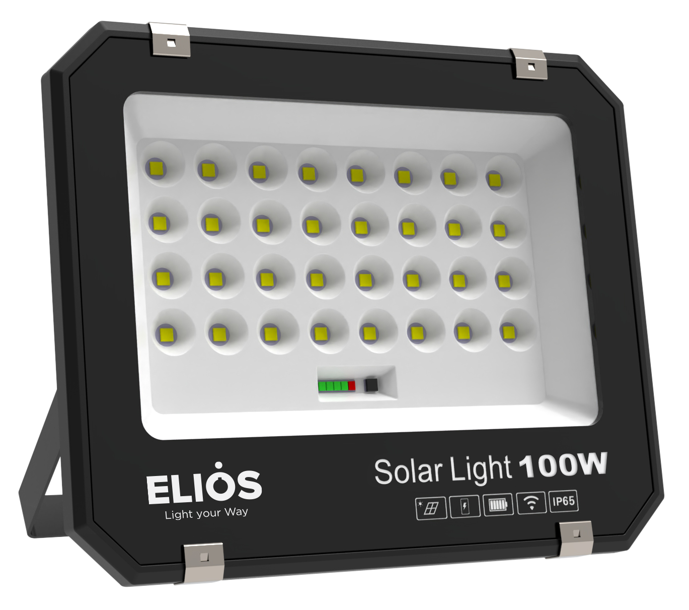 Đèn pha năng lượng mặt trời ELIOS 100W, Pin Lithium 3.2V 10Ah, Tấm NLMT 10W/5V, KT đèn 255.6*210.6*44.5mm