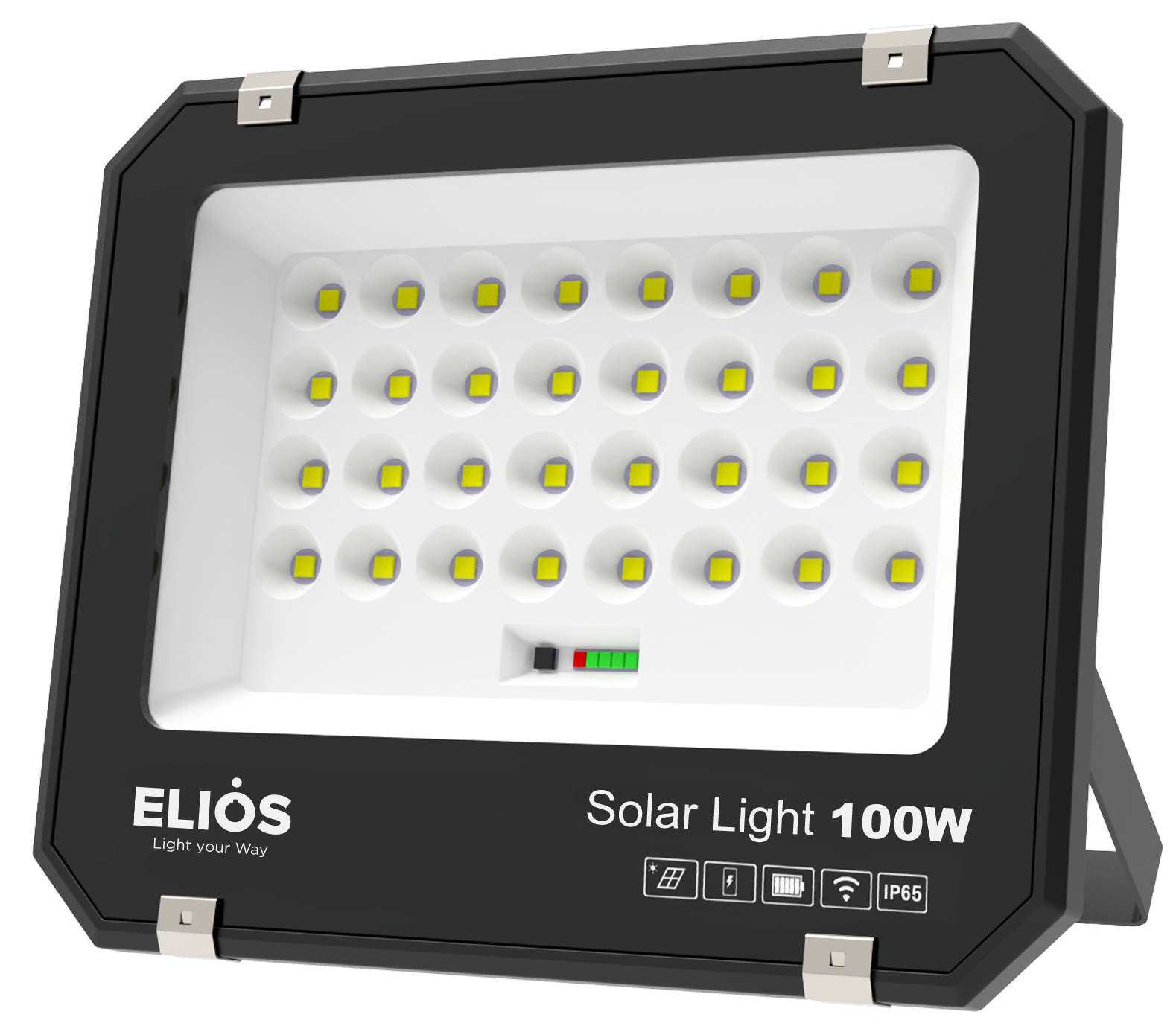Đèn pha năng lượng mặt trời ELIOS 100W, Pin Lithium 3.2V 10Ah, Tấm NLMT 10W/5V, KT đèn 255.6*210.6*44.5mm