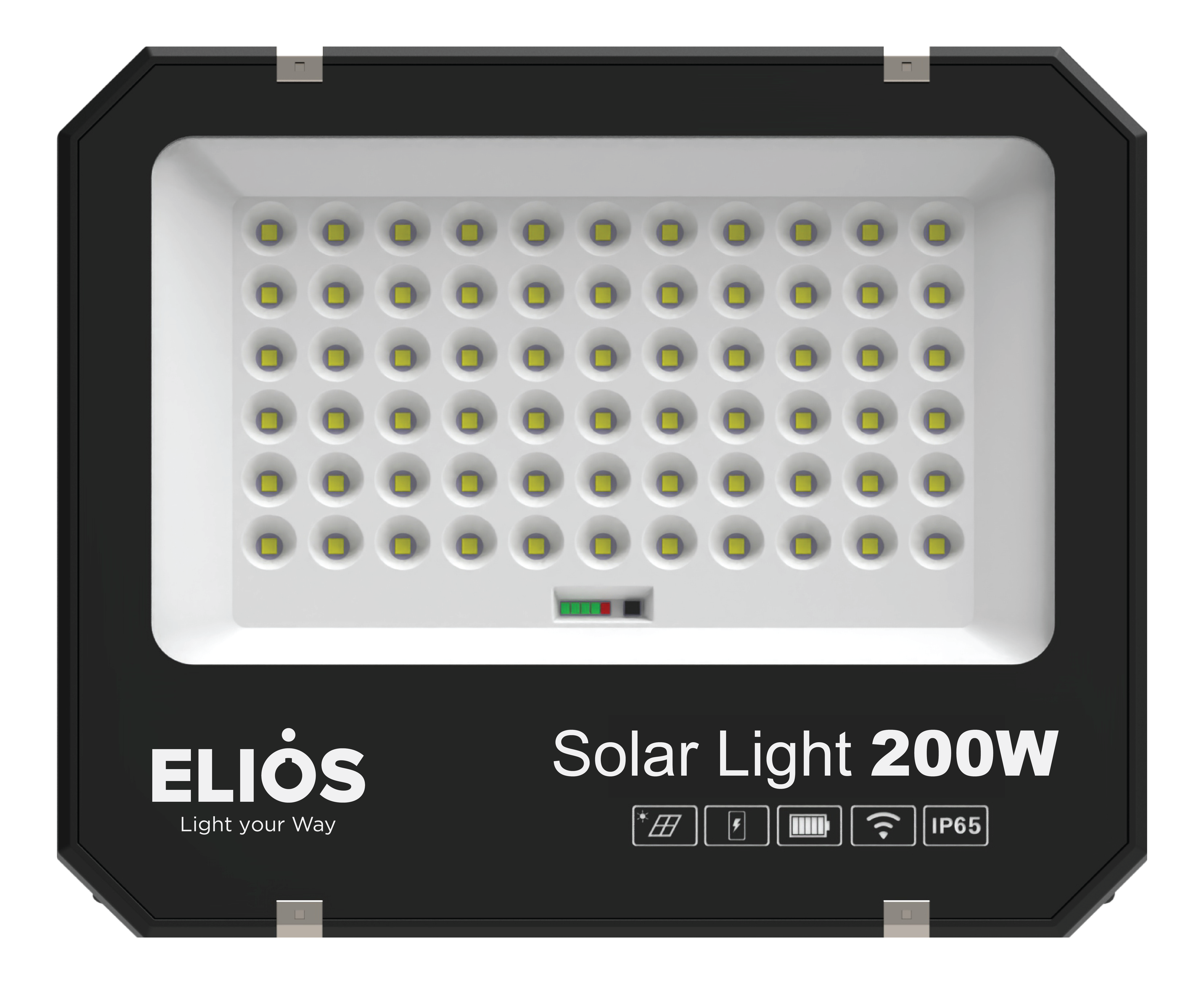 Đèn pha năng lượng mặt trời ELIOS 200W, Pin Lithium 3.2V 20Ah, Tấm NLMT 20W/5V, KT đèn 360.5*300.5*46.5mm
